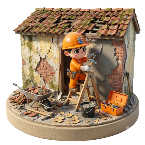 Thợ cải tạo sửa chữa nhà cũ đang xử lý tường nứt tại nhà khách quận Tân Bình