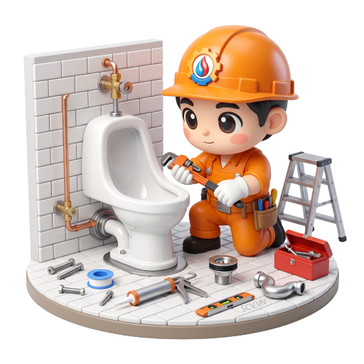 Thợ Sửa Chữa Việt kiểm tra bồn tiểu xả rác bị kẹt tại nhà trọ Quận 10