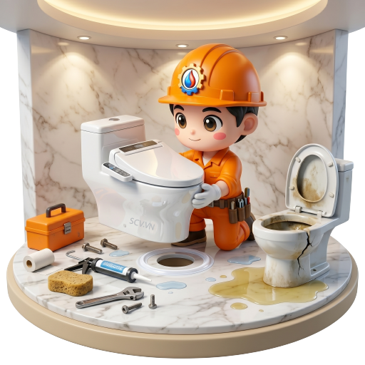 Thợ lắp đặt bồn cầu mới tại nhà chị Linh quận Phú Nhuận, kiểm tra đường ống thoát trước khi lắp