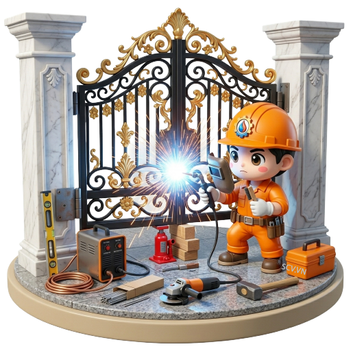 Thợ hàn lắp đặt cửa sắt cánh cho cổng nhà tại nhà khách hàng quận Thủ Đức