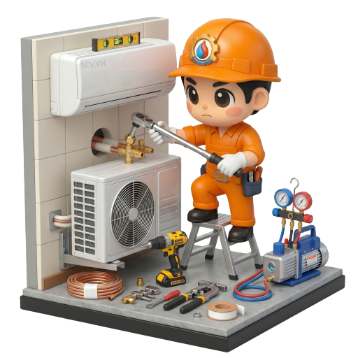 Thợ lắp đặt máy lạnh treo tường trong phòng ngủ chung cư quận Thủ Đức