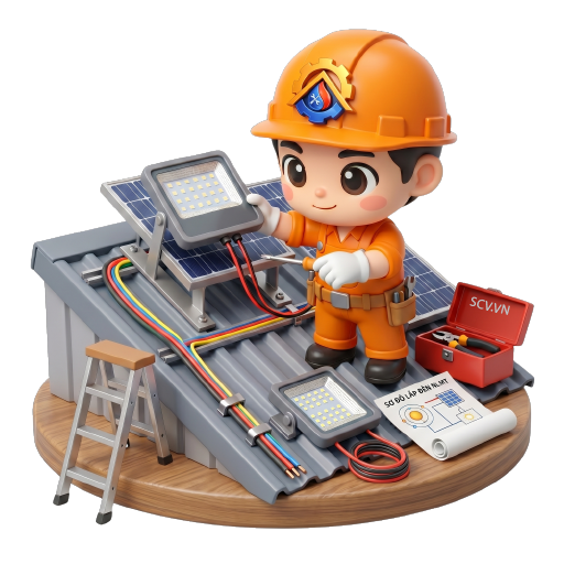 Thợ lắp đèn năng lượng mặt trời trên sân thượng nhà anh Tuấn ở Thủ Đức
