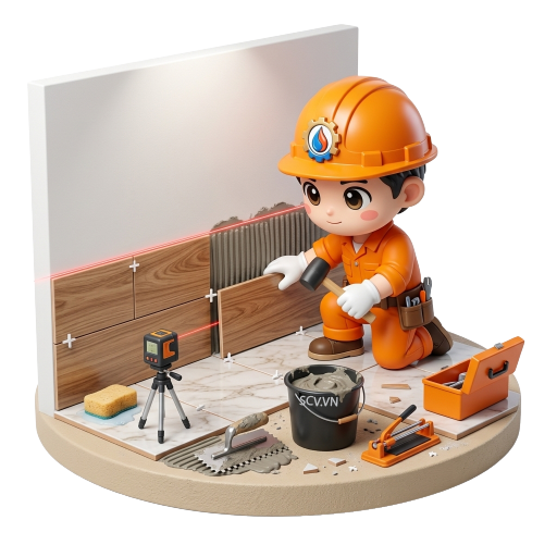 Thợ ốp gạch chân tường cao 40 cm bằng gạch men trắng bóng tại nhà phố quận Phú Nhuận