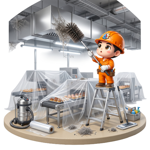 Đội vệ sinh quét mạng nhện trên trần nhà xưởng tại quận 2