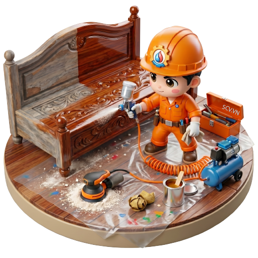 Thợ mài nhám bề mặt đồ gỗ trước khi sơn bóng tại xưởng quận Gò Vấp