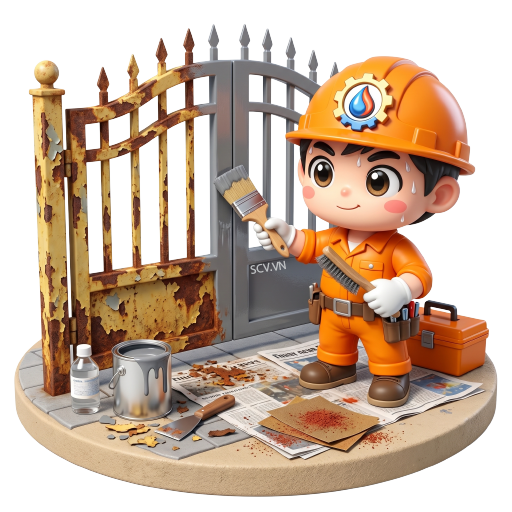 Thợ đánh gỉ cổng sắt trước khi sơn lại