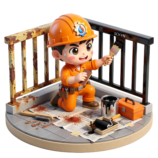 Thợ sơn lan can cầu thang bằng sắt tại nhà khách hàng quận Cần Giuộc