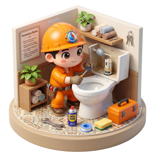 Thợ sửa chữa bồn cầu tại nhà trọ cô Lan quận 8, kiểm tra bình xả và phao nước
