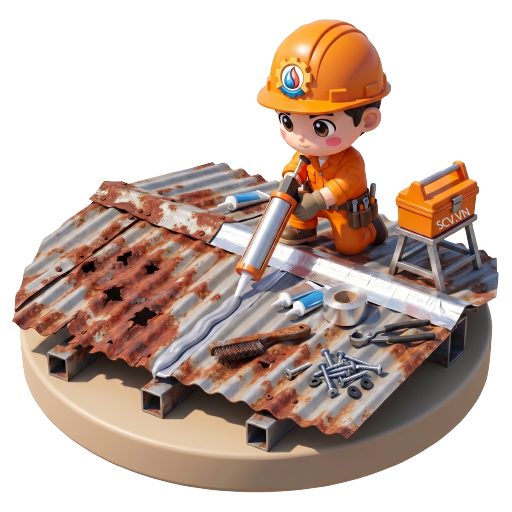 Thợ sửa chữa mái tôn đang kiểm tra và vá chỗ bị rỉ thủng tại nhà khách quận Thủ Đức