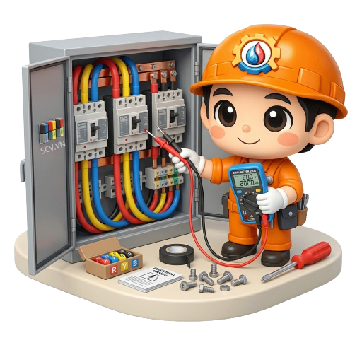 Thợ kiểm tra aptomat 3 pha bị quá tải tại xưởng sản xuất quận Bình Tân