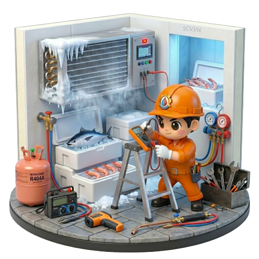 Thợ kiểm tra kho lạnh công nghiệp bị lỗi board điều khiển tại kho hàng quận Thủ Đức