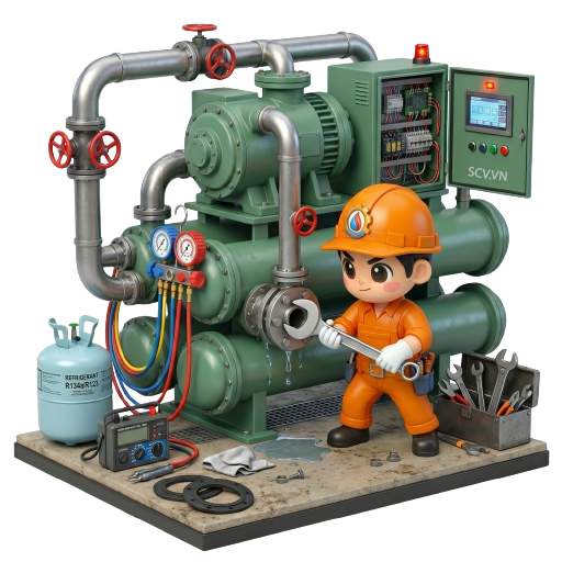 Thợ kiểm tra máy lạnh chiller trong phòng máy tòa nhà văn phòng quận Thủ Đức