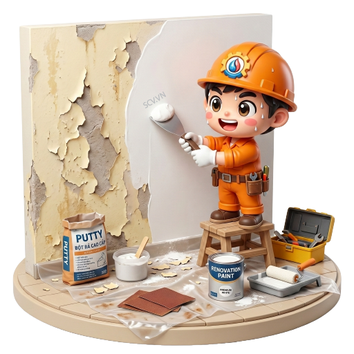 Thợ sửa tường bị ố vàng tại căn nhà thuê quận Thủ Đức TP.HCM