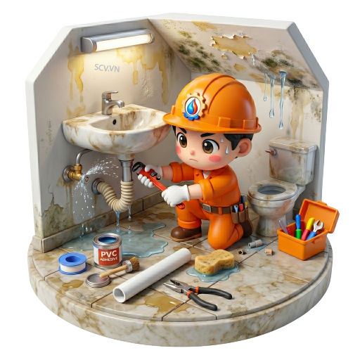 Thợ kiểm tra hệ thống thoát nước và đường ống cấp trong nhà vệ sinh căn hộ quận 7