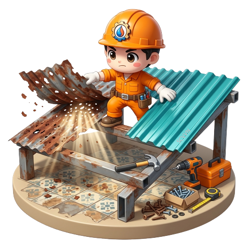 Thợ thay thế mái tôn tại xưởng may ông Nam quận Tân Phú, tháo tấm tôn cũ đã rỉ mỏng