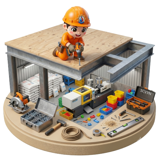 Thợ đo đạc chiều cao trần xưởng để thi công gác lửng gỗ nhà xưởng tại huyện Củ Chi TP.HCM