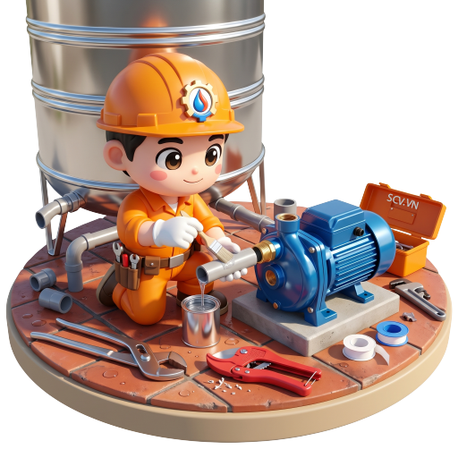 Thợ lắp đặt máy bơm tăng áp tự động trong hộp kỹ thuật nhà phố quận Bình Tân