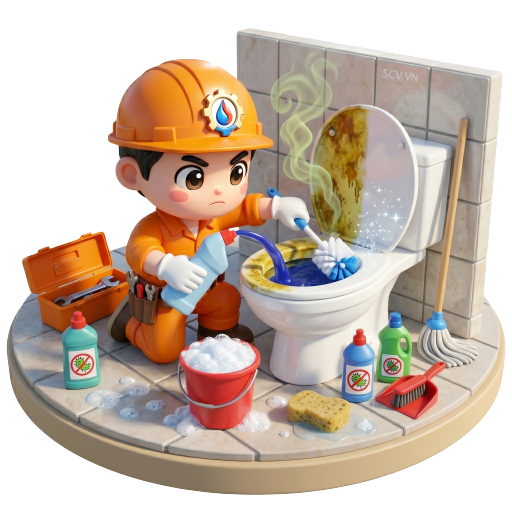 Thợ vệ sinh bồn cầu đang tẩy ố vàng bằng hóa chất chuyên dụng