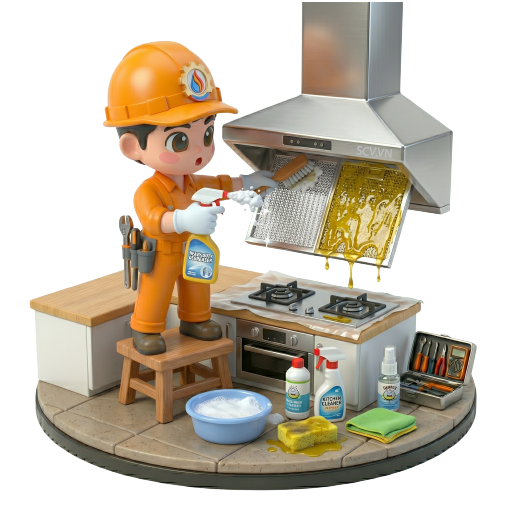 Thợ tháo lưới lọc mỡ ra khỏi máy hút mùi để vệ sinh