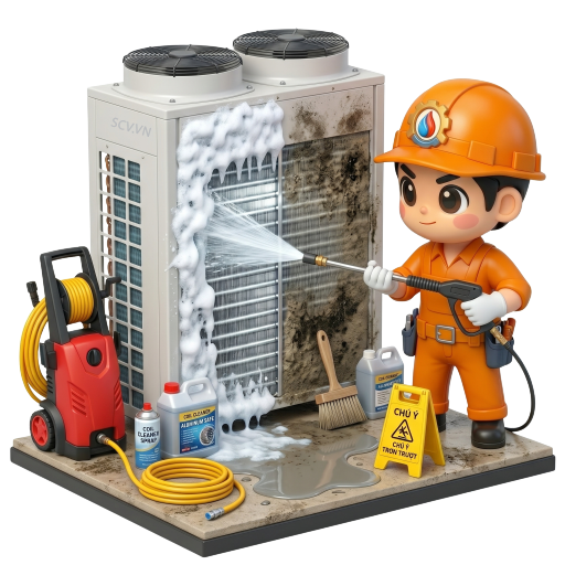 Thợ kiểm tra dàn lạnh VRV trong tòa nhà văn phòng quận 3 bị bụi bẩn phủ kín