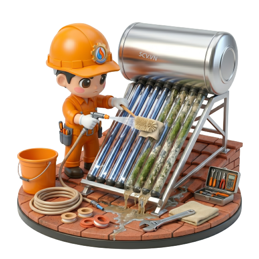 Thợ kiểm tra cặn bẩn bên trong bình chứa máy nước nóng năng lượng mặt trời tại nhà khách hàng quận Thủ Đức